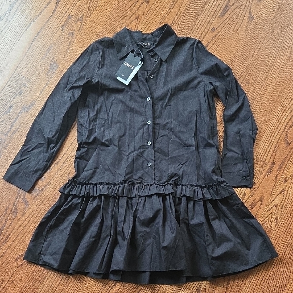 Italian Black Button-Up Dress with Ruffle Hem